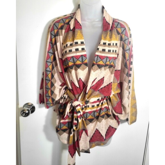 Freeway Aztec Lighweight Southwestern Bat Wing Belted Cape Cardigan L - Picture 1 of 9